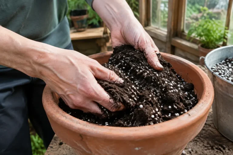 Mains de jardinier mélangeant du terreau pour semis et de la perlite dans un pot