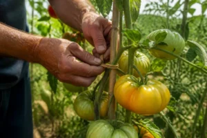 jardinier tuteurant un pied de tomate ananas culture avec des fruits mûrs