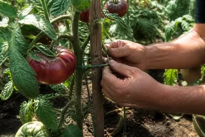 Jardinier prenant soin des plants lors de la tomate noire de crimée culture au potager