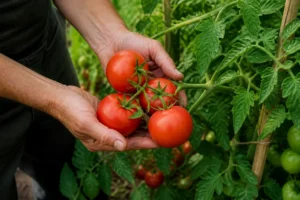 Mains de jardinier récoltant une belle récolte de tomate résistante mildiou dans un potager ensoleillé.