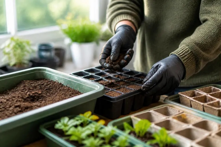 Mains de jardinier remplissant des godets de terreau fin pour le semis de tomate roma en intérieur