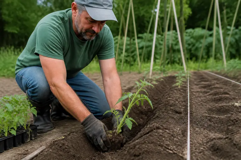 Plantation en pleine terre d'un pied de tomate roma incliné dans un trou de vingt centimètres