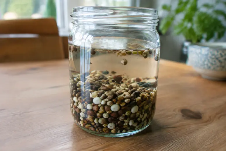 Récipient en verre transparent rempli d'eau pour faire tremper des graines avant semis sur une table