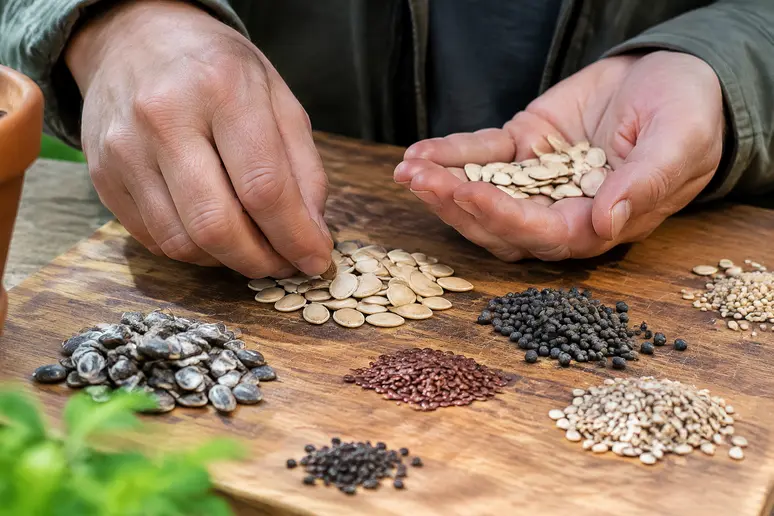 Mains triant différentes variétés de semences pour savoir quelles graines faire tremper avant semis