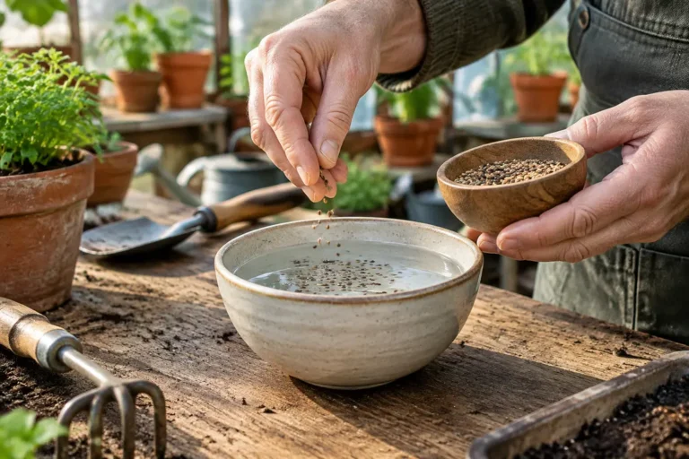 Un jardinier en train de faire tremper graines avant semis dans un bol d'eau en bois