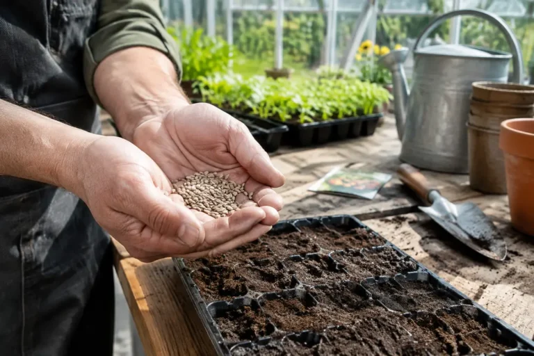 Un jardinier manipule des graines hybrides f1 sur une table de rempotage en serre.