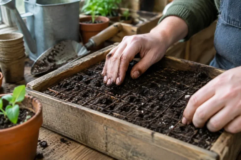 Jardinier inspectant des graines qui ne germent pas dans un bac de terreau