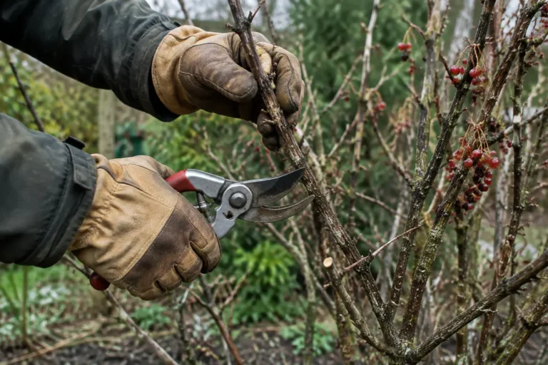 Jardinier taillant les branches d'un groseillier taille minutieuse avec un sécateur en hiver.
