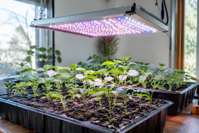 Lampe horticole semis suspendue au-dessus de jeunes plantules vertes en intérieur