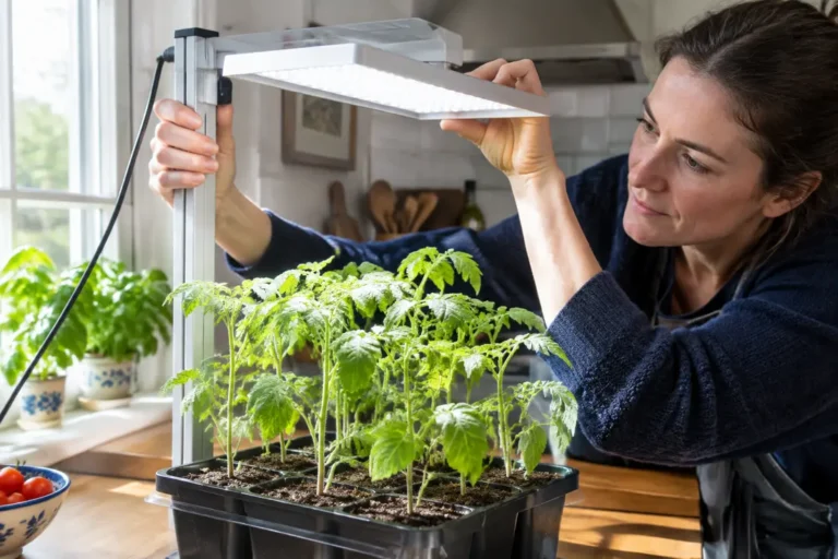 Installation d'une lampe horticole semis pour cultiver de jeunes plants de tomates en intérieur