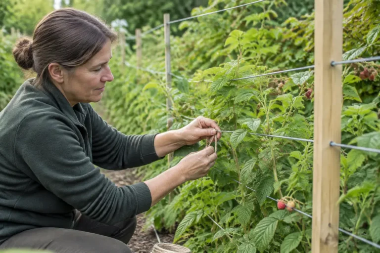 Jardinier qui s'applique à palisser framboisier sur un support en bois avec des fils tendis.