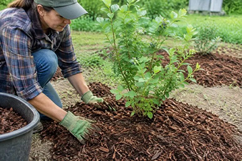 Installation d'un paillage organique au pied d'un jeune myrtillier pour conserver l'humidité du sol.