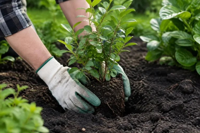 Un jardinier en gants s'apprête à planter myrtillier dans une terre riche et adaptée.