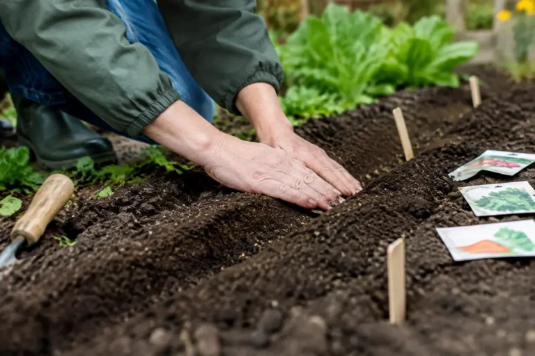 Jardinier préparant la terre et réalisant un semis en pleine terre dans un potager