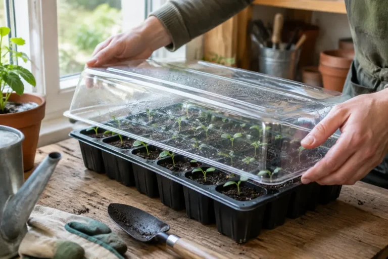 Un jardinier installe un couvercle transparent sur un semis en terrine près d'une fenêtre lumineuse.