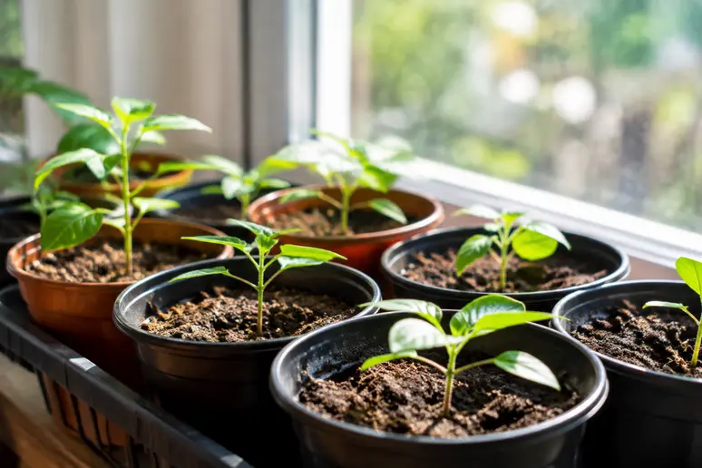 Petite serre d'intérieur lumineuse installée près d'une fenêtre pour cultiver des jeunes plants robustes