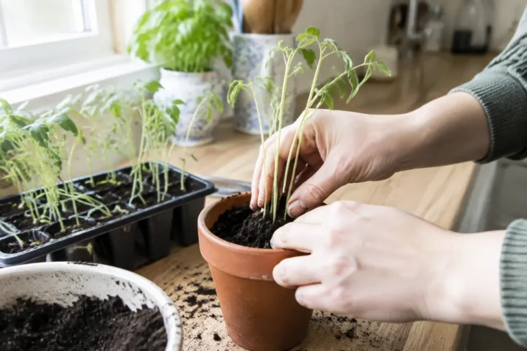 Jardinier qui rempote avec soin des semis qui filent trop fins en intérieur