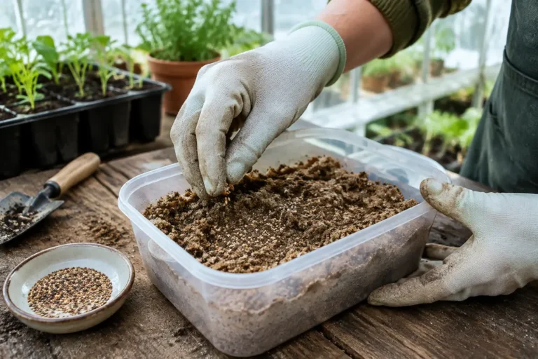 Jardinier préparant des graines pour une stratification graines dans une boîte de sable humide