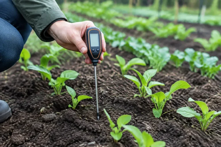 Jardinier mesurant la température germination graines dans la terre avec une sonde avant les semis